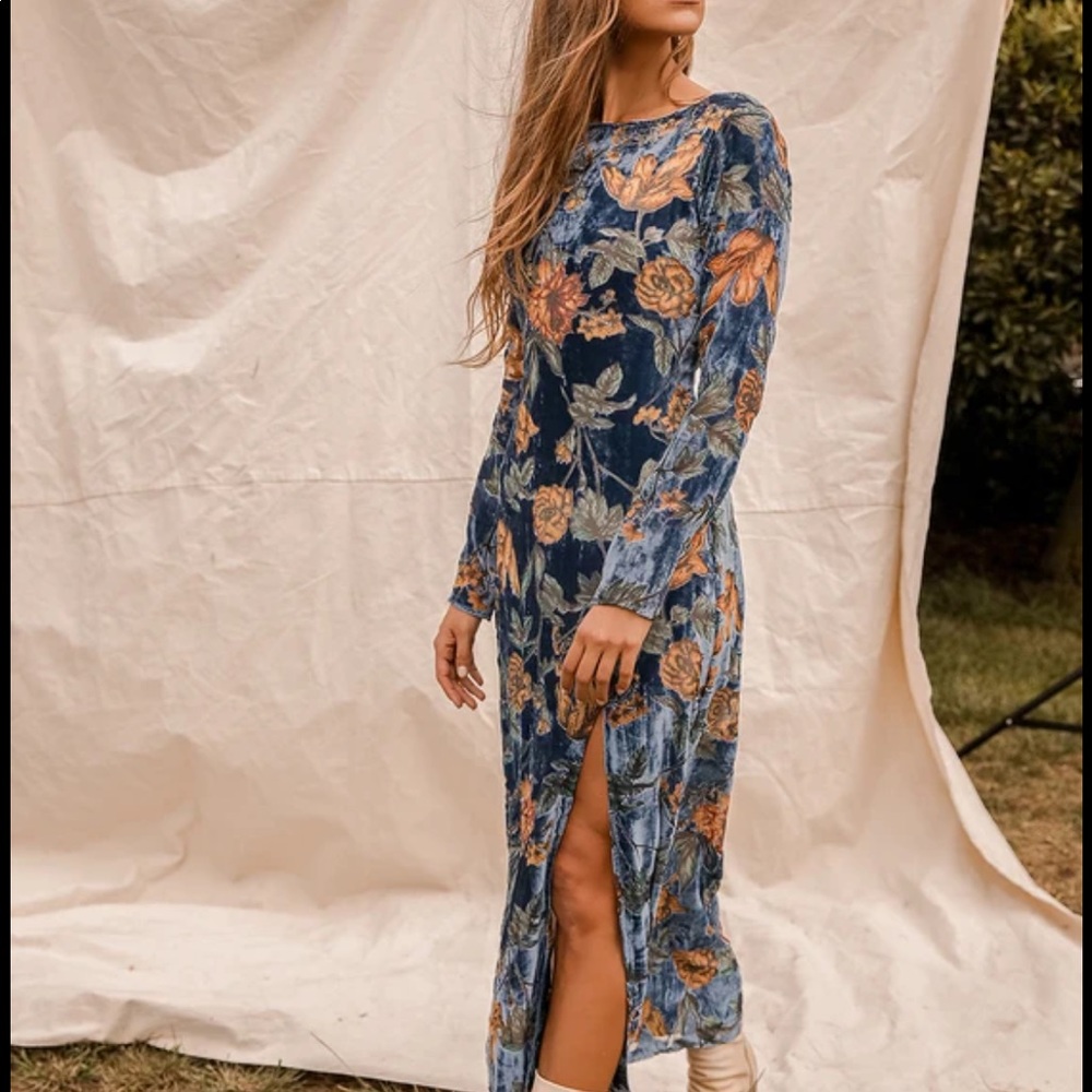 lulus floral blue velvet dress size XS